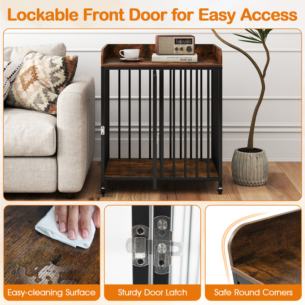 2-in-1 27.5 Inch Dog Crate with Wheels & Table - Rustic Brown, Lockable, Easy Clean