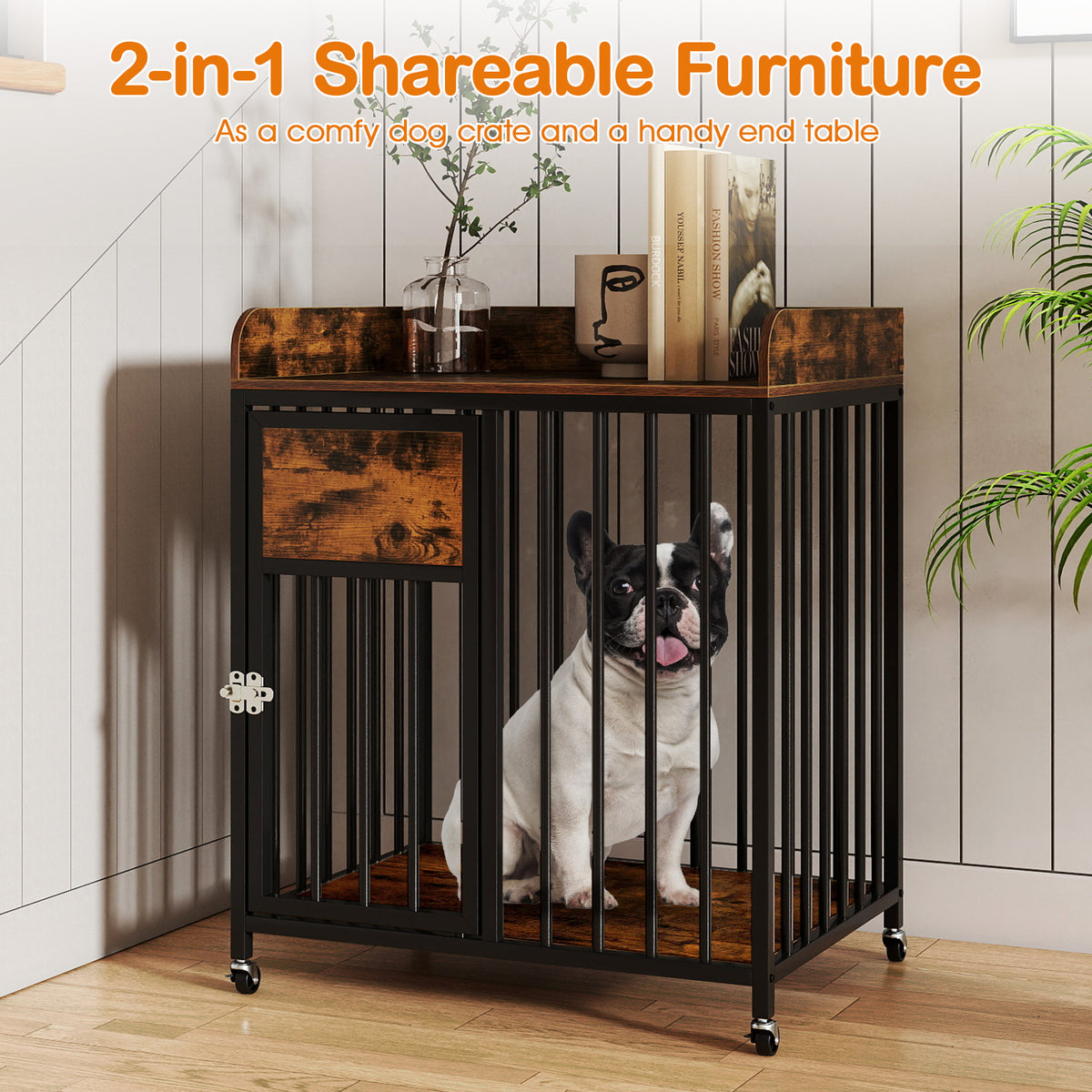 2-in-1 27.5 Inch Dog Crate with Wheels & Table - Rustic Brown, Lockable, Easy Clean