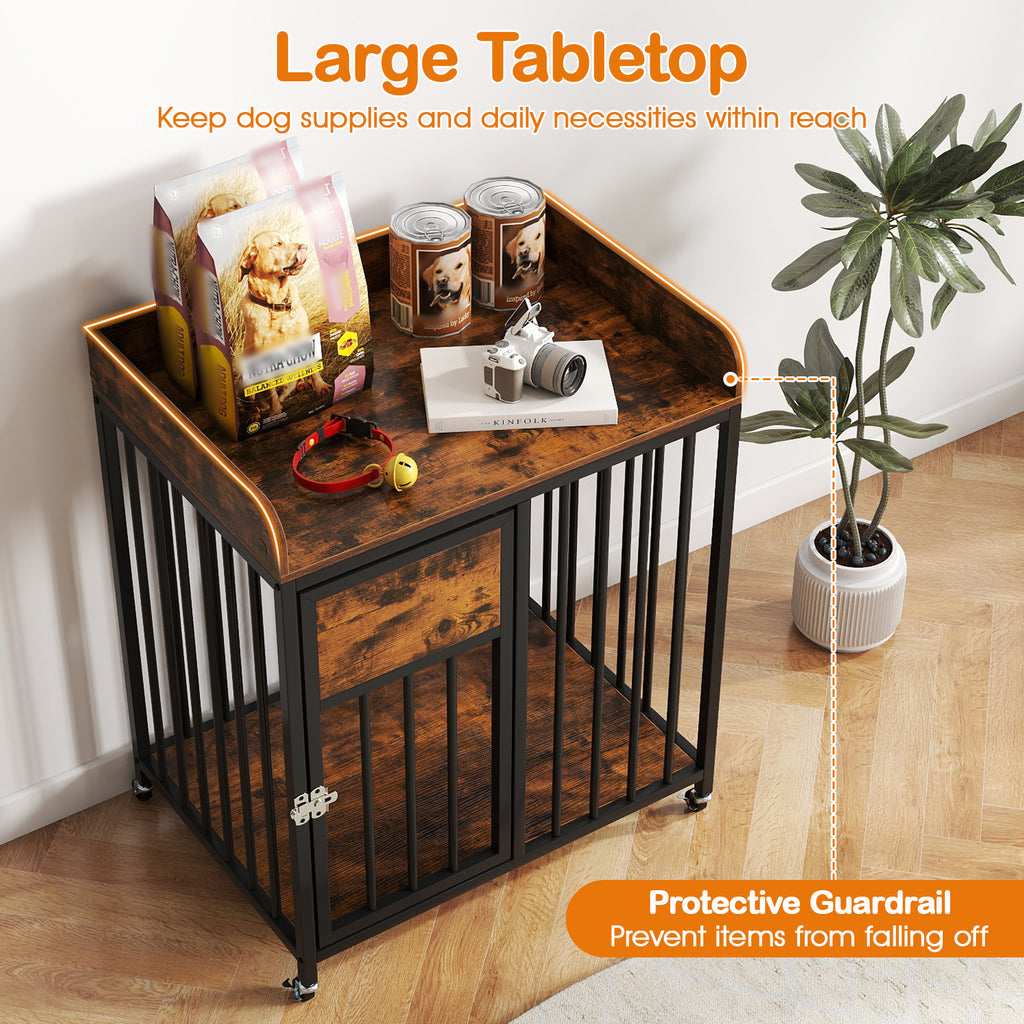 2-in-1 27.5 Inch Dog Crate with Wheels & Table - Rustic Brown, Lockable, Easy Clean