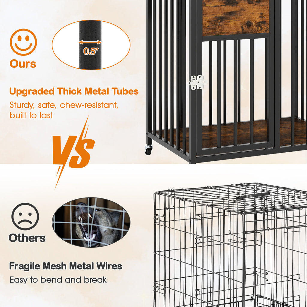 2-in-1 27.5 Inch Dog Crate with Wheels & Table - Rustic Brown, Lockable, Easy Clean