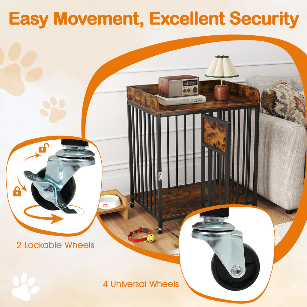 2-in-1 27.5 Inch Dog Crate with Wheels & Table - Rustic Brown, Lockable, Easy Clean