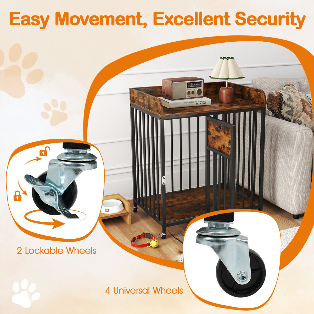2-in-1 27.5 Inch Dog Crate with Wheels & Table - Rustic Brown, Lockable, Easy Clean