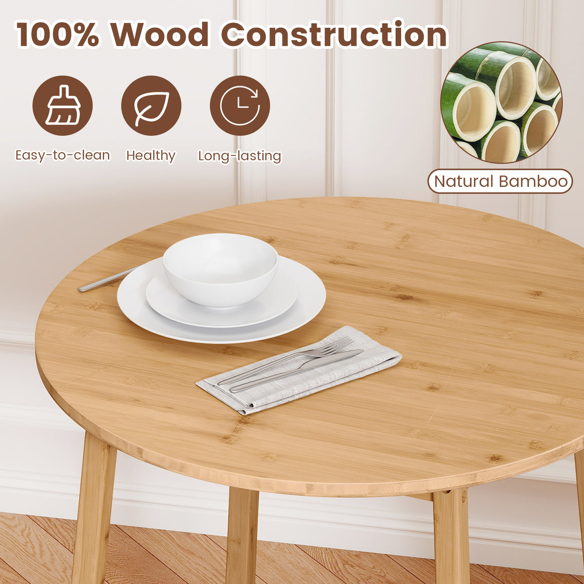 27.5-Inch Round Bamboo Dining Table for 2-4 People - Natural