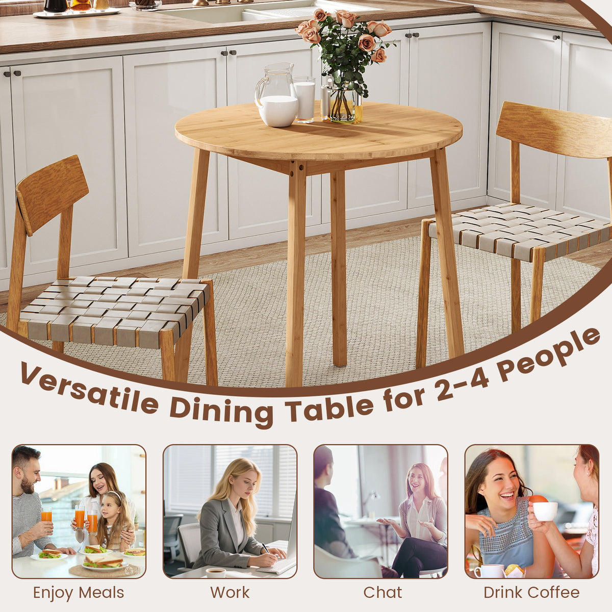 27.5-Inch Round Bamboo Dining Table for 2-4 People - Natural