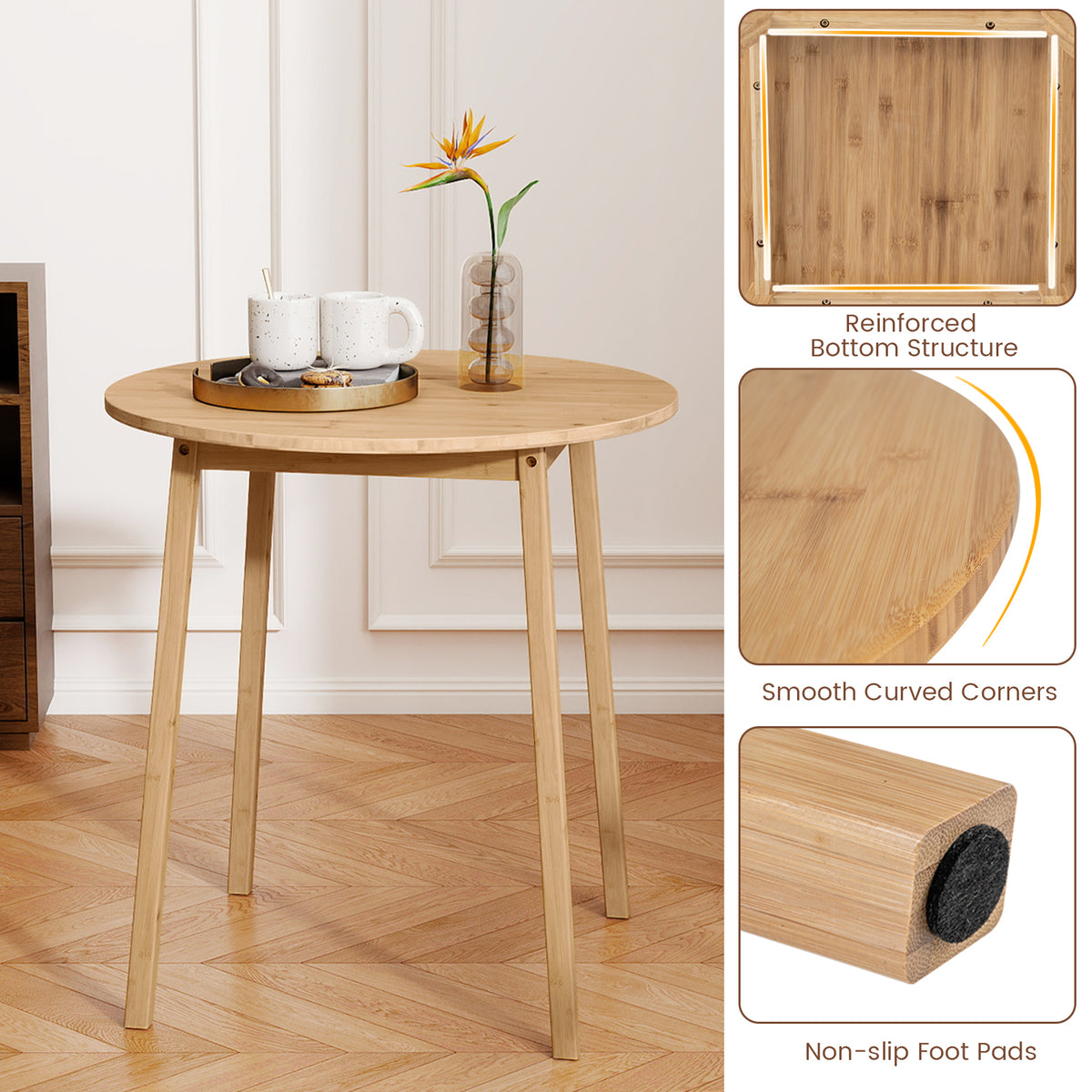 27.5-Inch Round Bamboo Dining Table for 2-4 People - Natural
