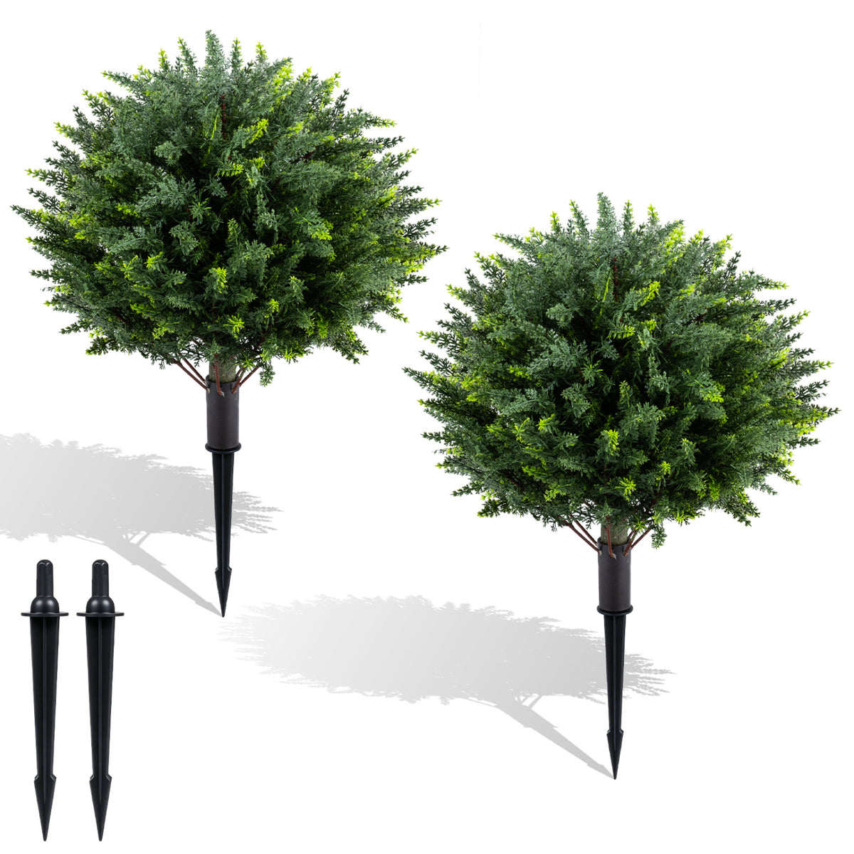 Artificial Cypress Topiary Trees with Ground Spikes - Set of 2, 27.5 Inch Outdoor Decor
