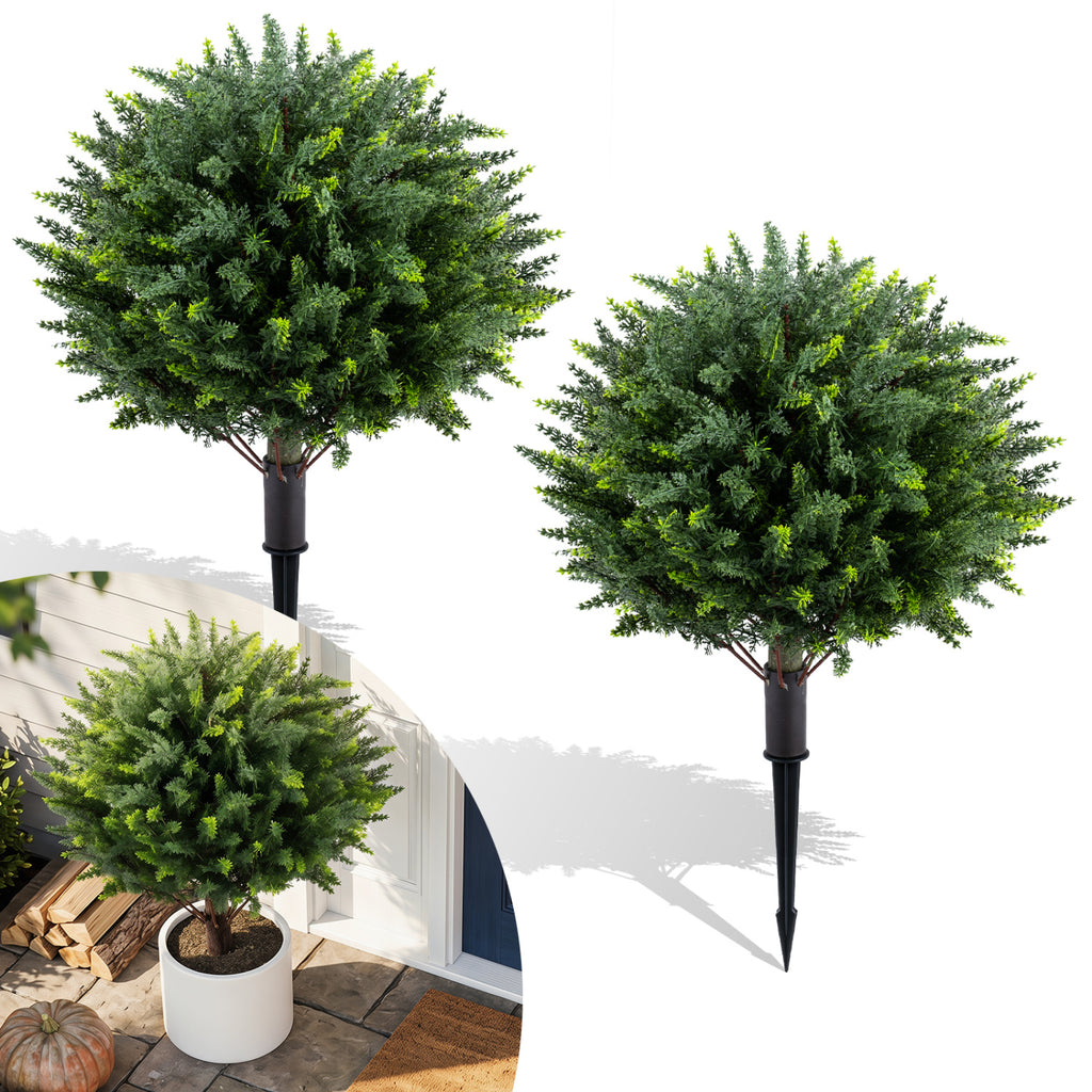 Artificial Cypress Topiary Trees with Ground Spikes - Set of 2, 27.5 Inch Outdoor Decor