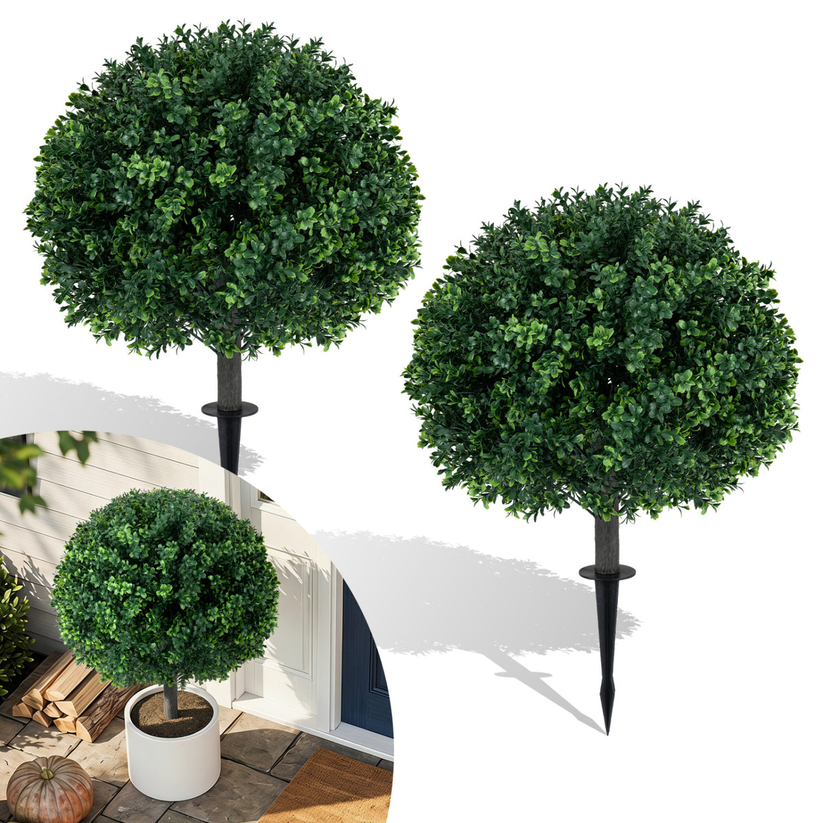 Artificial Boxwood Topiary Trees Set of 2 with Ground Spikes - Realistic Outdoor Decor