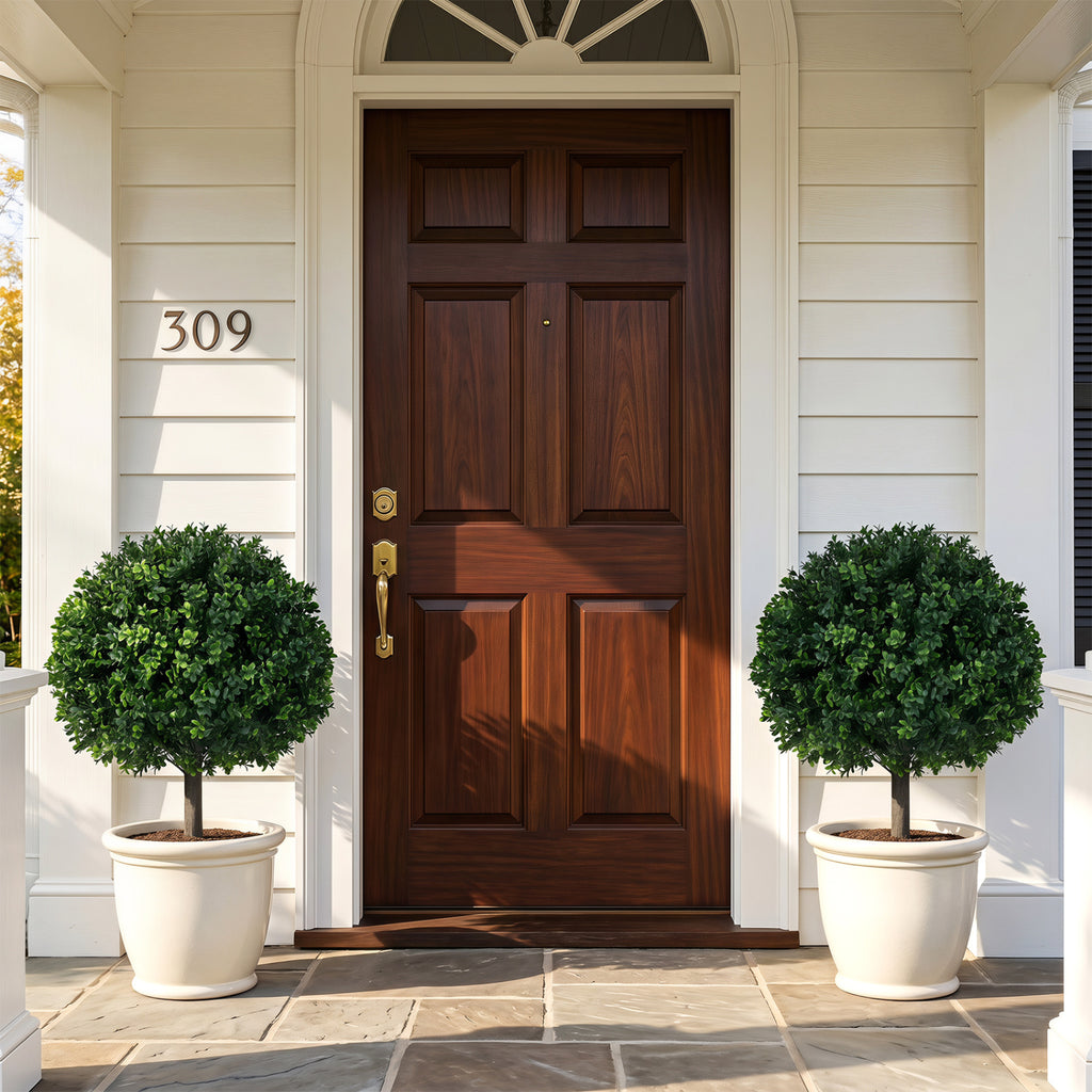 Artificial Boxwood Topiary Trees Set of 2 with Ground Spikes - Realistic Outdoor Decor
