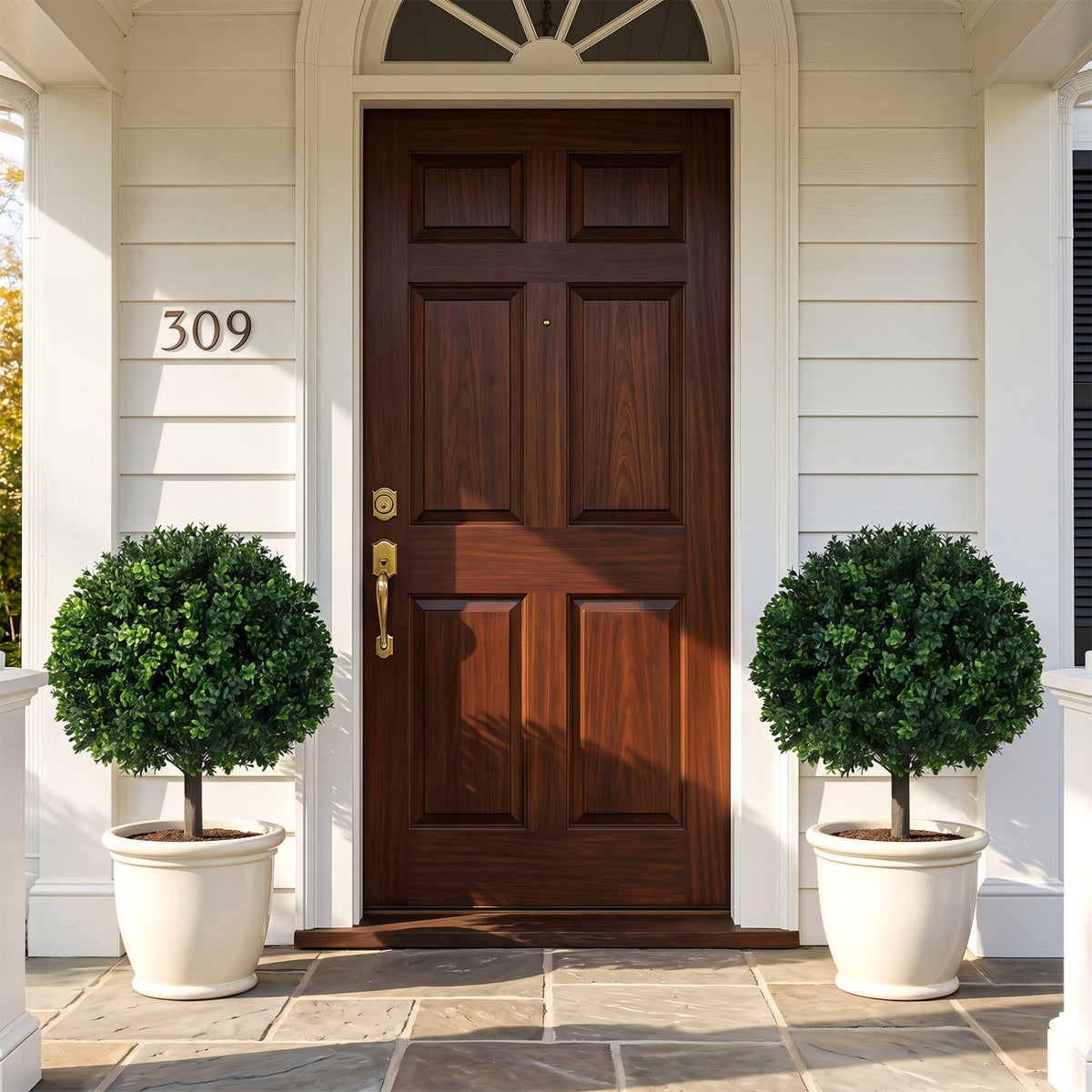 Artificial Boxwood Topiary Trees Set of 2 with Ground Spikes - Realistic Outdoor Decor