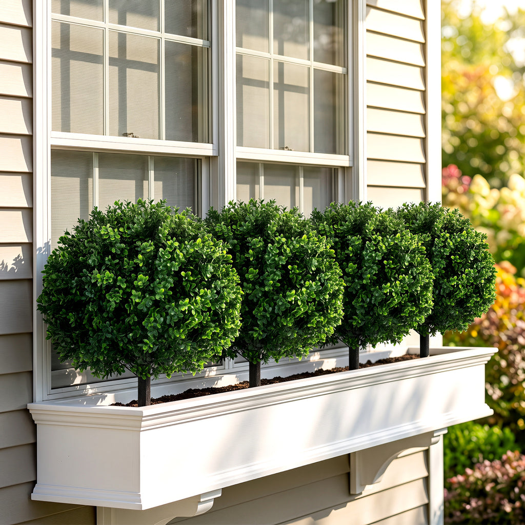 Artificial Boxwood Topiary Trees Set of 2 with Ground Spikes - Realistic Outdoor Decor