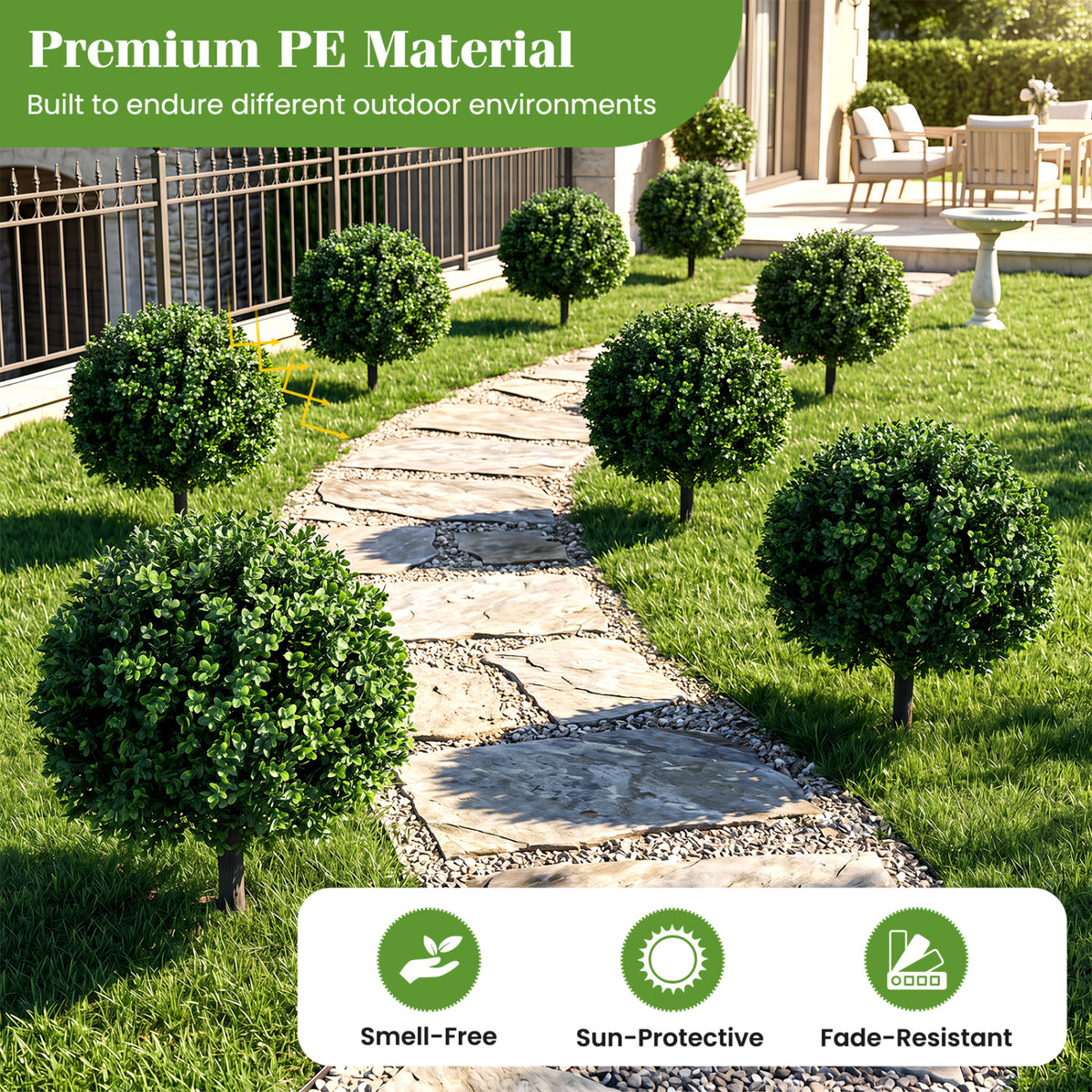 Artificial Boxwood Topiary Trees Set of 2 with Ground Spikes - Realistic Outdoor Decor