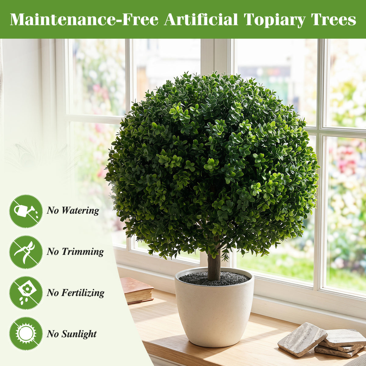 Artificial Boxwood Topiary Trees Set of 2 with Ground Spikes - Realistic Outdoor Decor