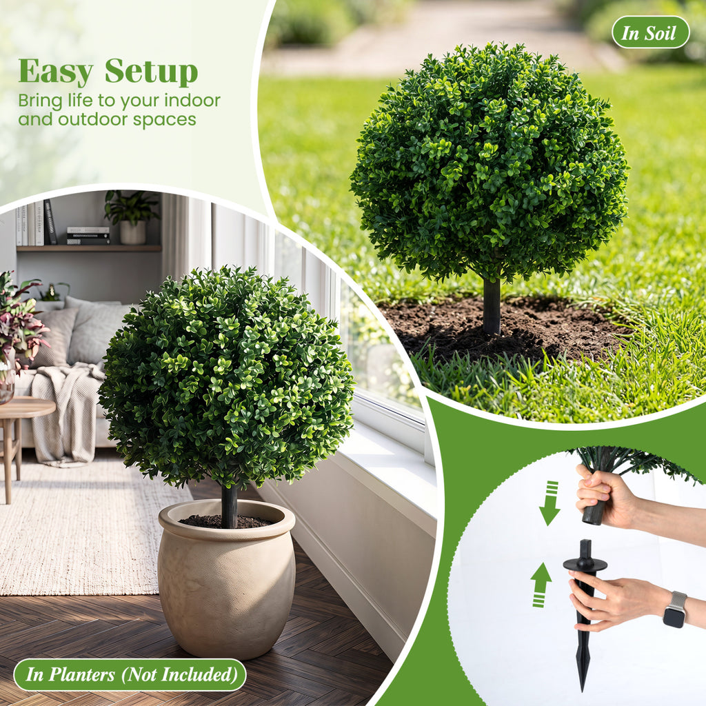 Artificial Boxwood Topiary Trees Set of 2 with Ground Spikes - Realistic Outdoor Decor