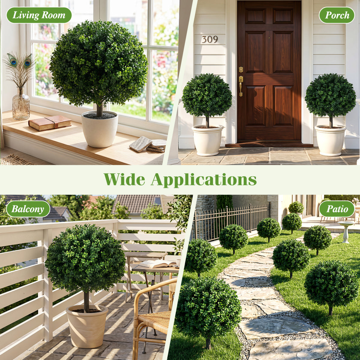 Artificial Boxwood Topiary Trees Set of 2 with Ground Spikes - Realistic Outdoor Decor