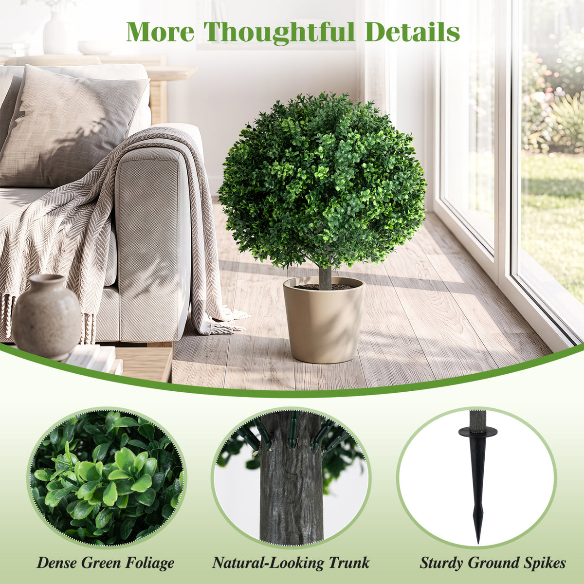 Artificial Boxwood Topiary Trees Set of 2 with Ground Spikes - Realistic Outdoor Decor