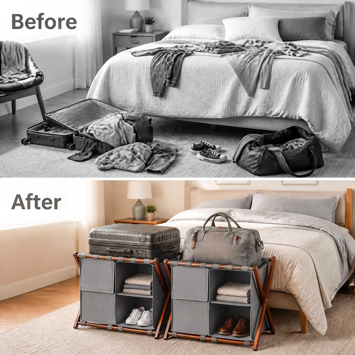 27" Bamboo Luggage Rack with 5 Straps - Walnut & Gray