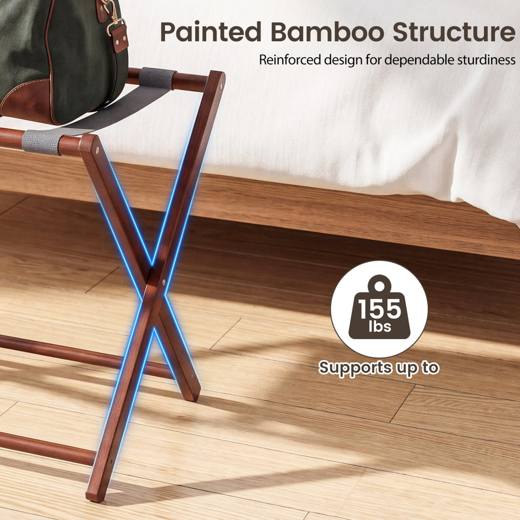27" Bamboo Luggage Rack Set of 2 with Nylon Straps - Walnut & Gray