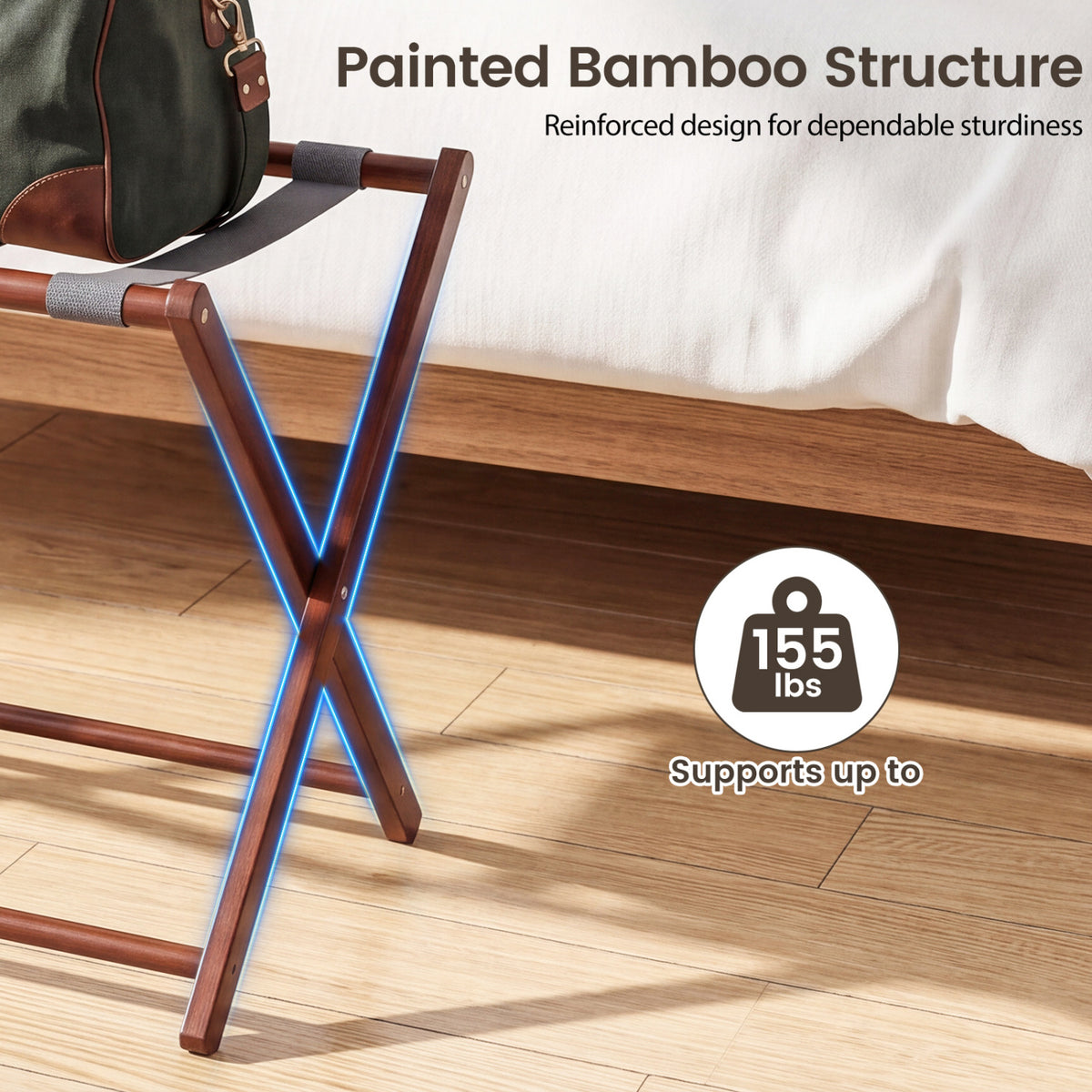 27" Bamboo Luggage Rack Set of 2 with Nylon Straps - Walnut & Gray