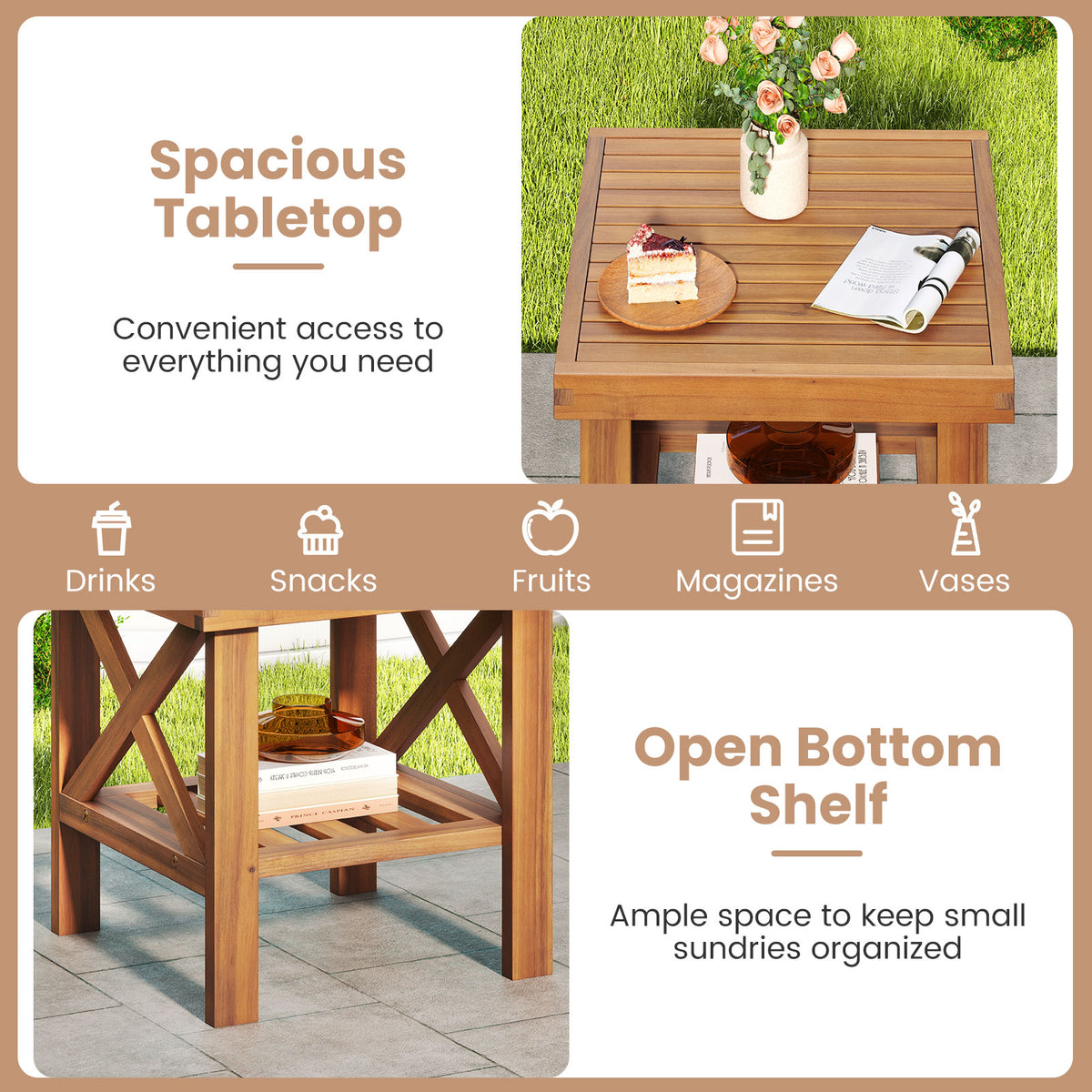 Outdoor Side Table with Storage Shelf for Small Space