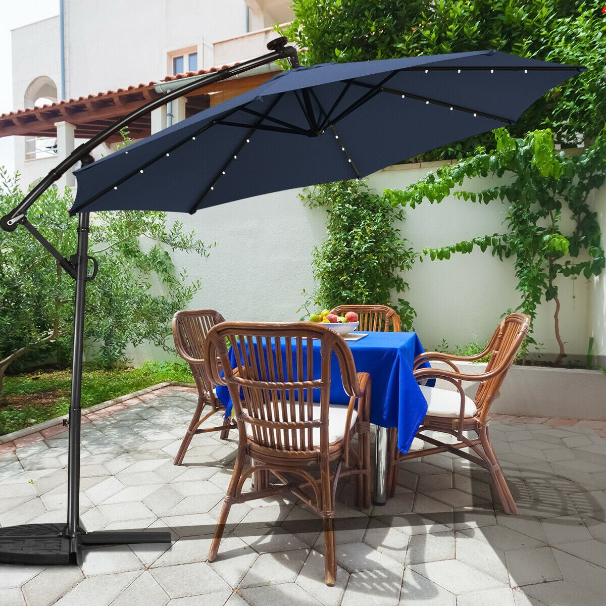 10 x 8 Feet Solar Patio Umbrella with 32 LED Lights, 360° Rotation, Navy