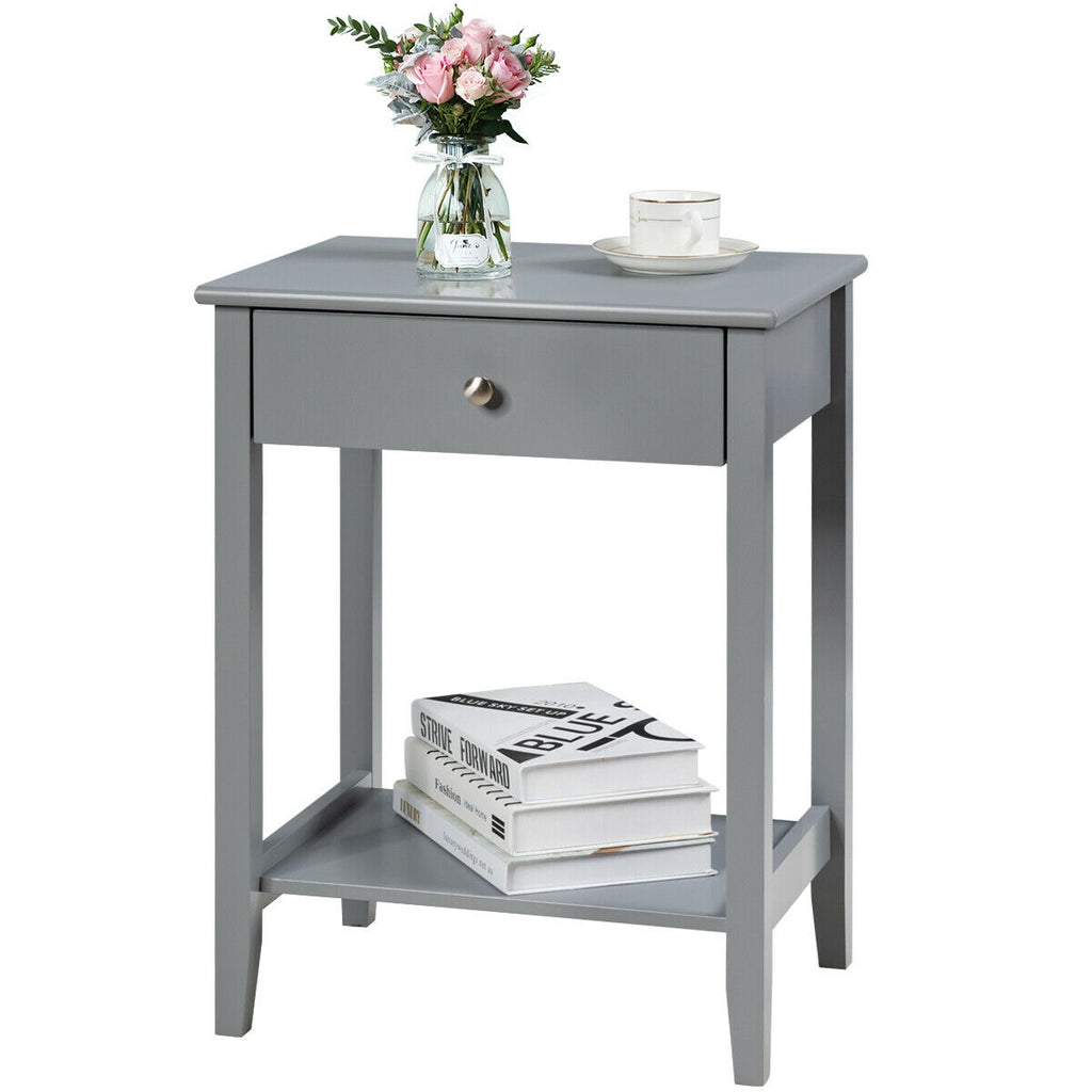 Wooden Nightstand with Drawer & Shelf Storage - Gray