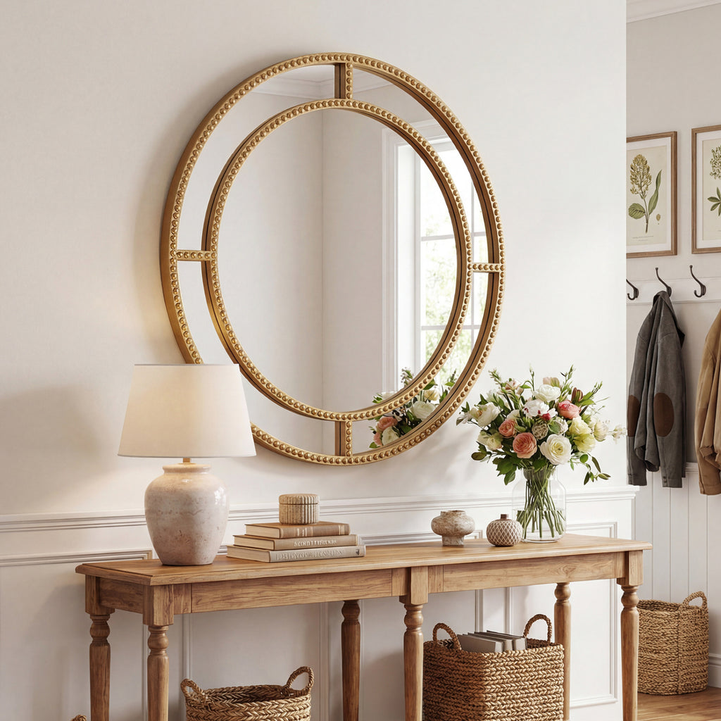 28 Inch Gold Round Wall Mirror with Beaded Frame for Living Room Entryway - Beaded Gold Finish