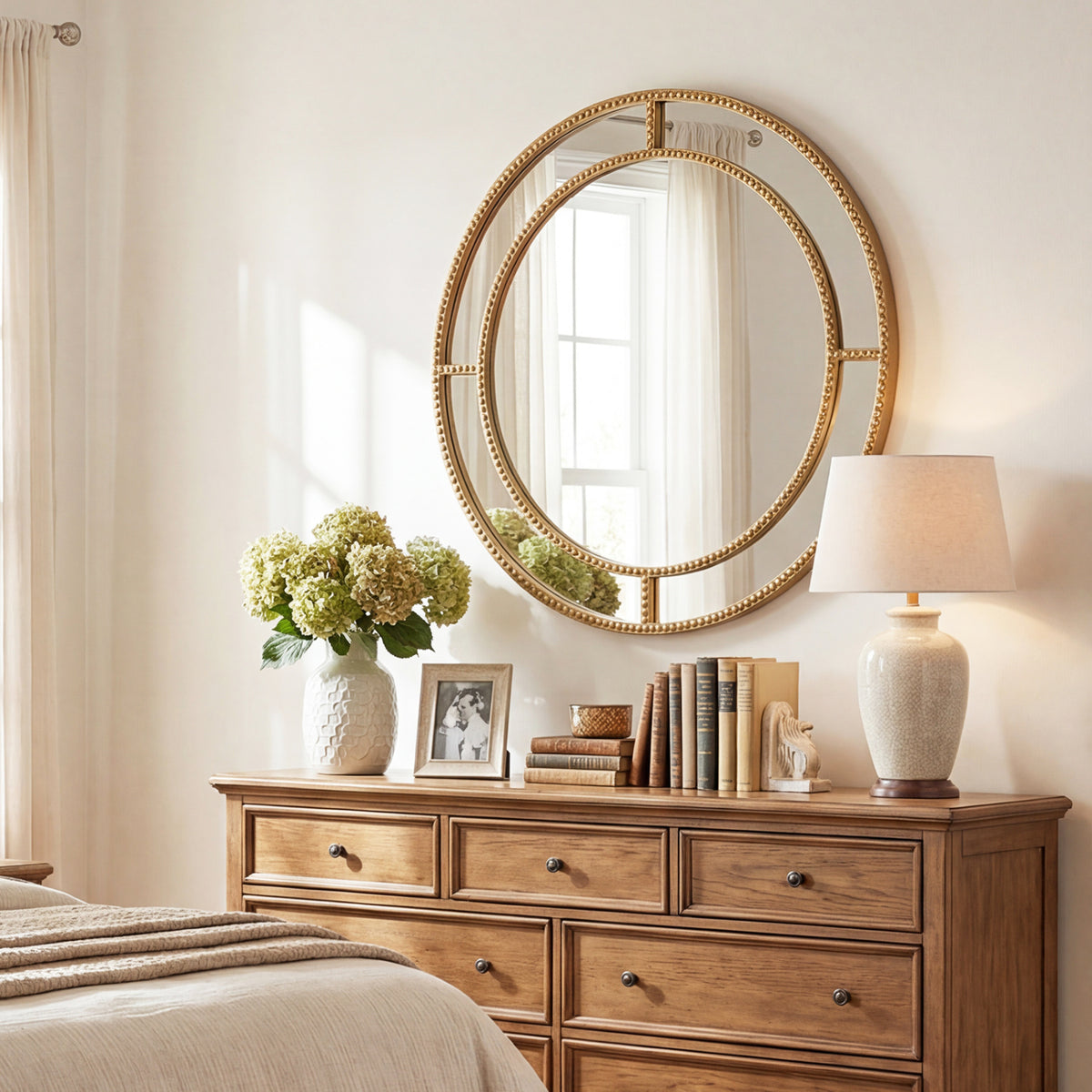 28 Inch Gold Round Wall Mirror with Beaded Frame for Living Room Entryway - Beaded Gold Finish