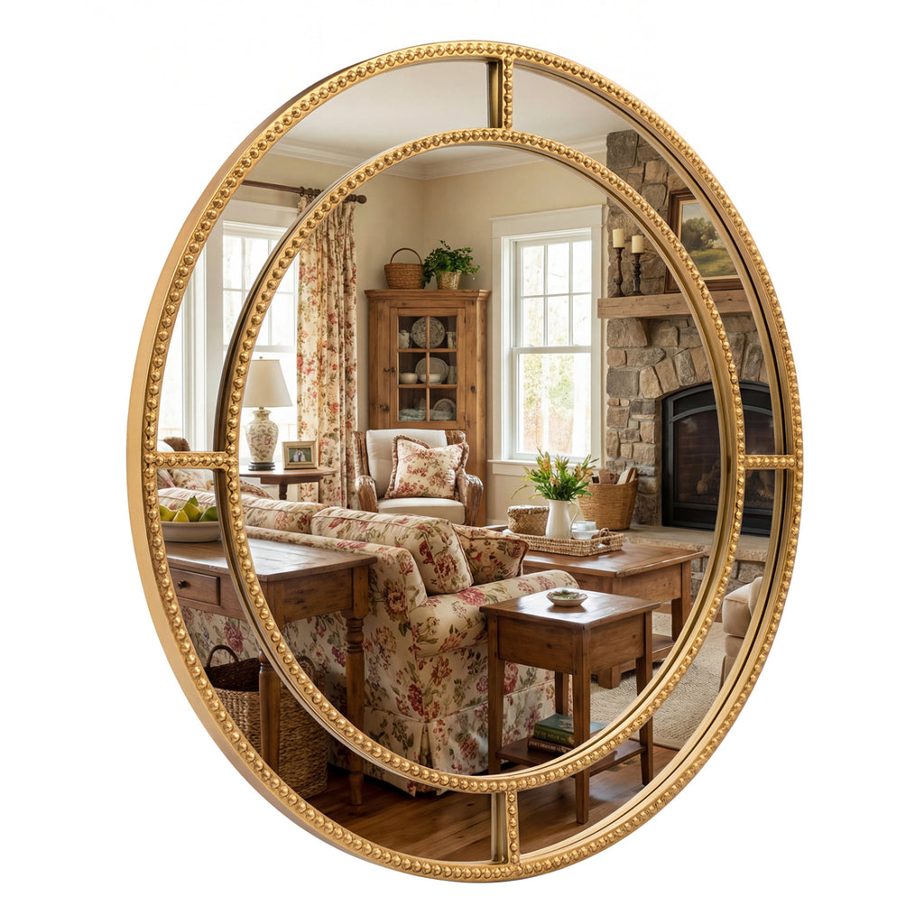 28 Inch Gold Round Wall Mirror with Beaded Frame for Living Room Entryway - Beaded Gold Finish