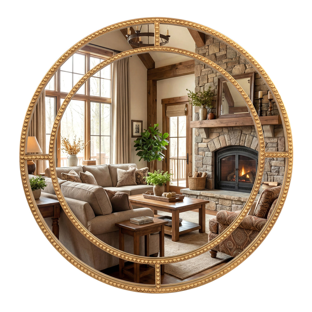 28 Inch Gold Round Wall Mirror with Beaded Frame for Living Room Entryway - Beaded Gold Finish