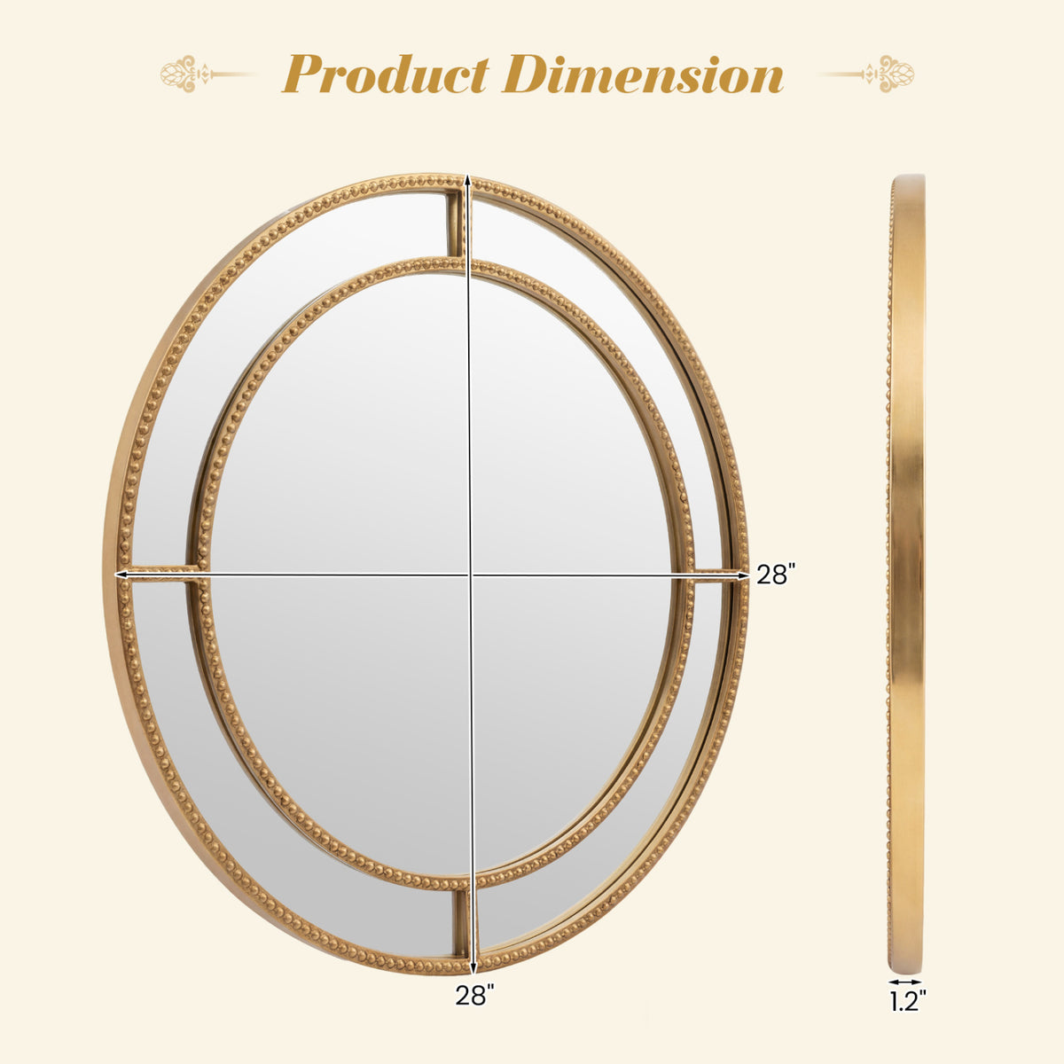 28 Inch Gold Round Wall Mirror with Beaded Frame for Living Room Entryway - Beaded Gold Finish