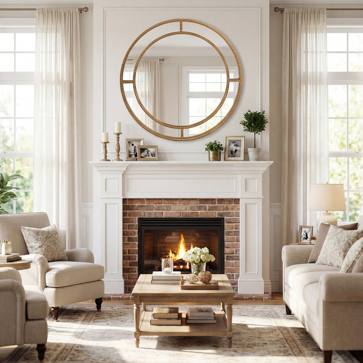 28 Inch Gold Round Wall Mirror with Beaded Frame for Living Room Entryway - Beaded Gold Finish