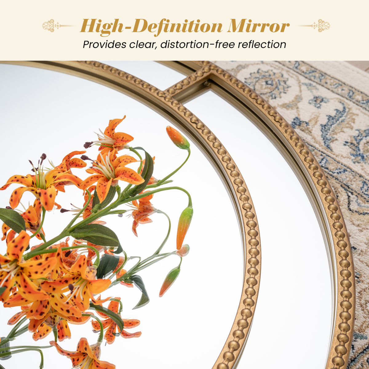 28 Inch Gold Round Wall Mirror with Beaded Frame for Living Room Entryway - Beaded Gold Finish