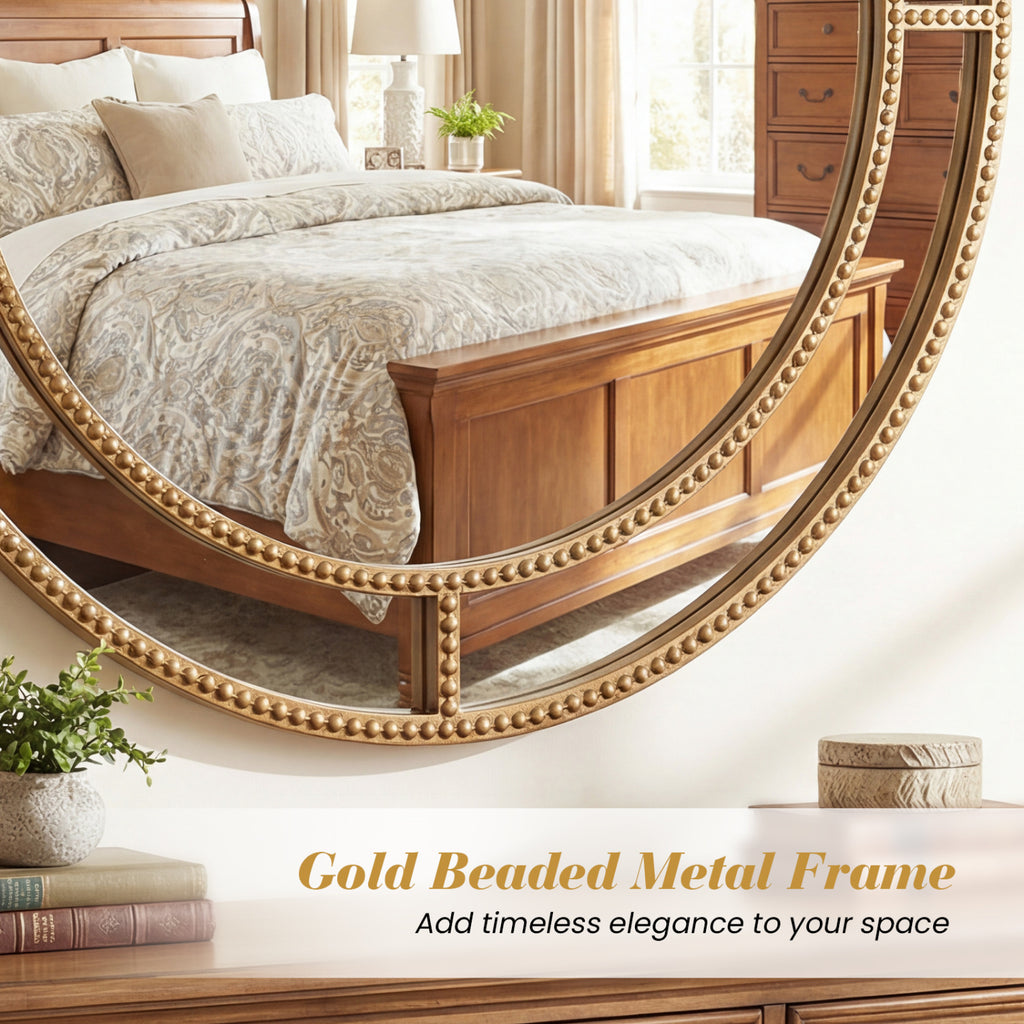 28 Inch Gold Round Wall Mirror with Beaded Frame for Living Room Entryway - Beaded Gold Finish