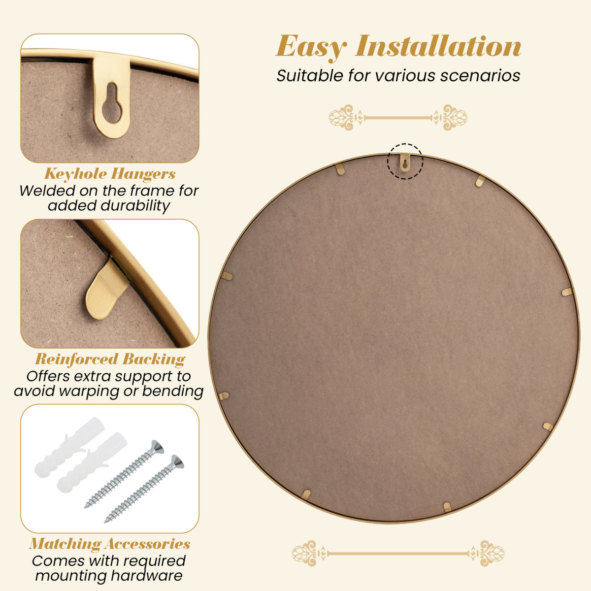 28 Inch Gold Round Wall Mirror with Beaded Frame for Living Room Entryway - Beaded Gold Finish