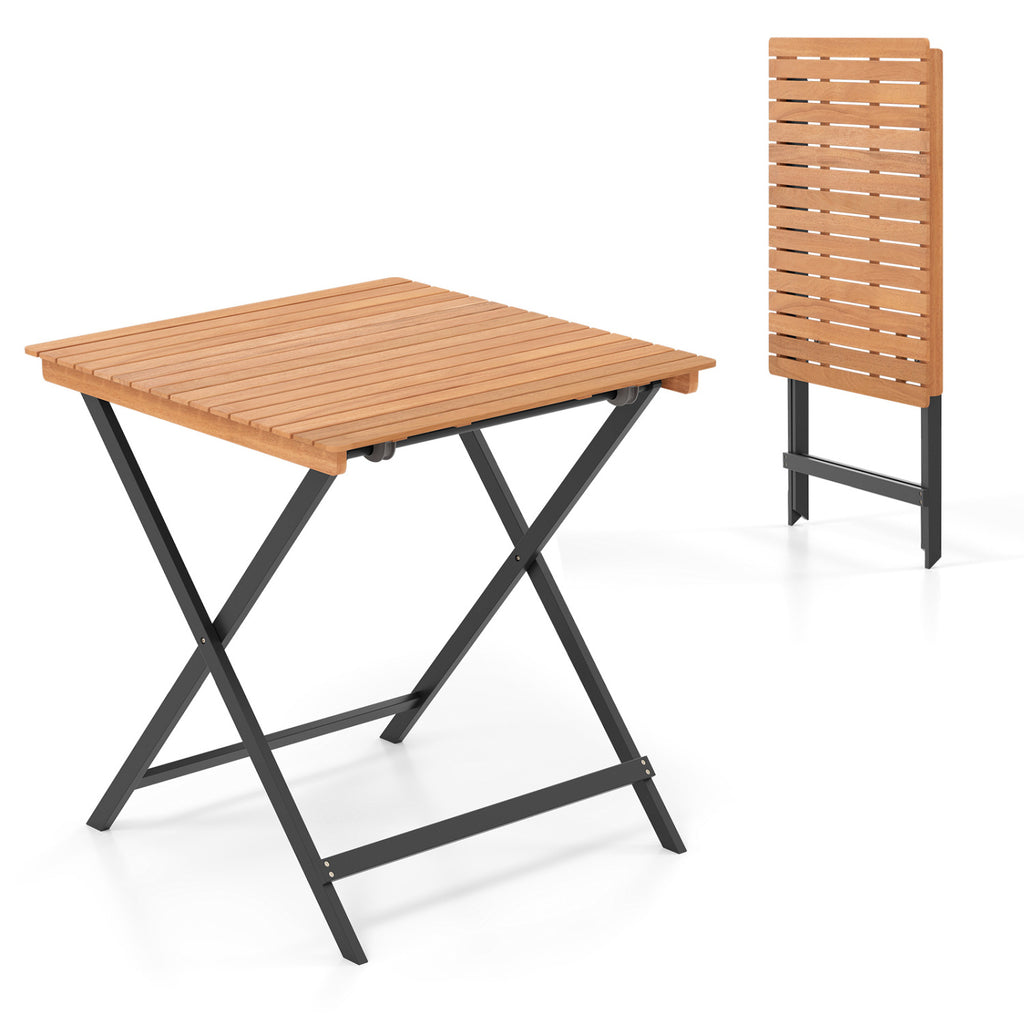 28 Inch Patio Folding Square Table with Slatted Tabletop for Backyard