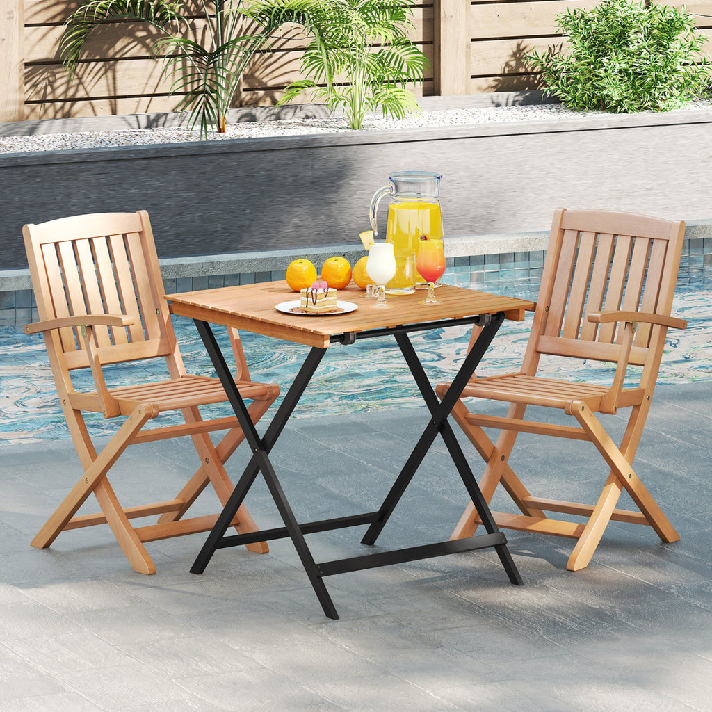 28 Inch Patio Folding Square Table with Slatted Tabletop for Backyard