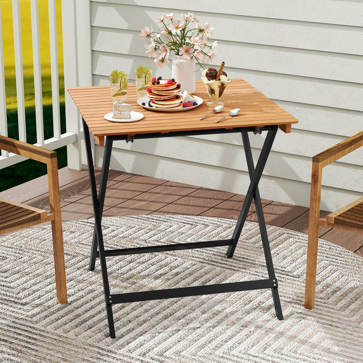 28 Inch Patio Folding Square Table with Slatted Tabletop for Backyard