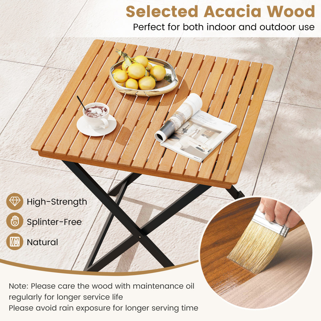 28 Inch Patio Folding Square Table with Slatted Tabletop for Backyard