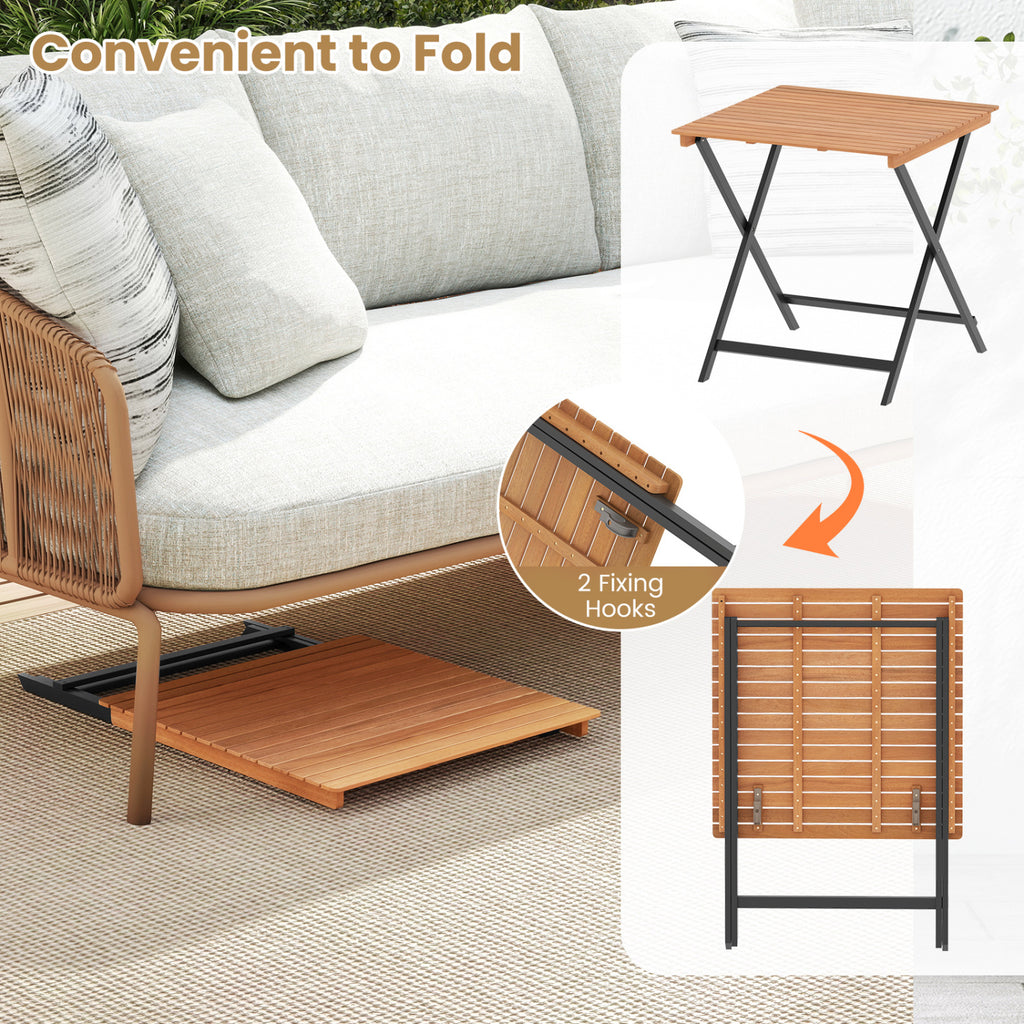 28 Inch Patio Folding Square Table with Slatted Tabletop for Backyard