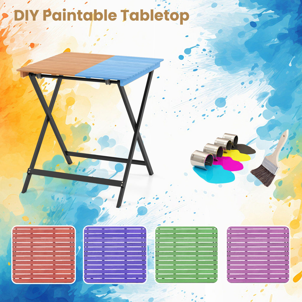 28 Inch Patio Folding Square Table with Slatted Tabletop for Backyard