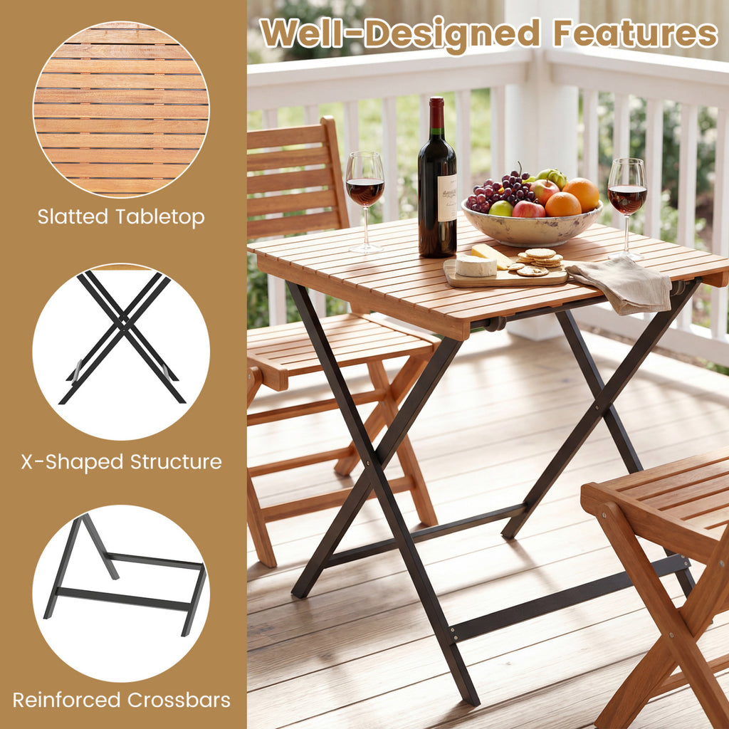 28 Inch Patio Folding Square Table with Slatted Tabletop for Backyard