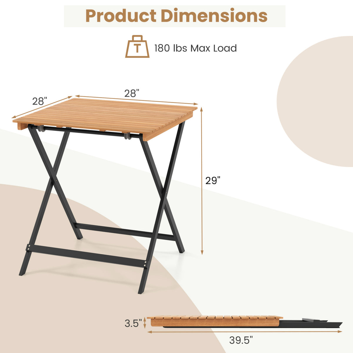 28 Inch Patio Folding Square Table with Slatted Tabletop for Backyard
