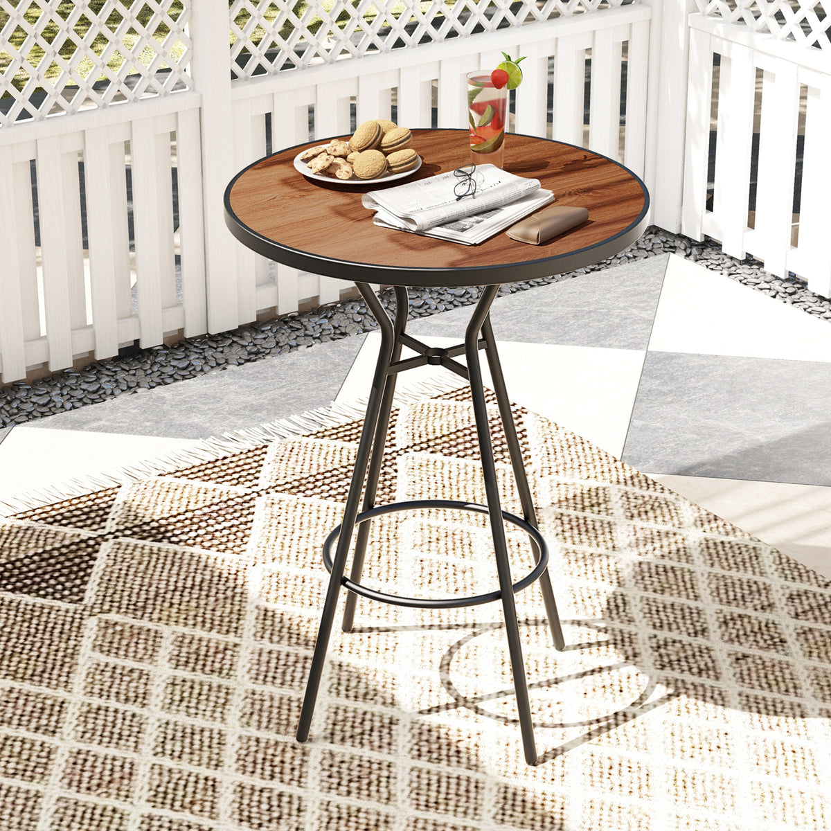 28 Inches Outdoor Bar Table with Wood-Like Tabletop for Backyard