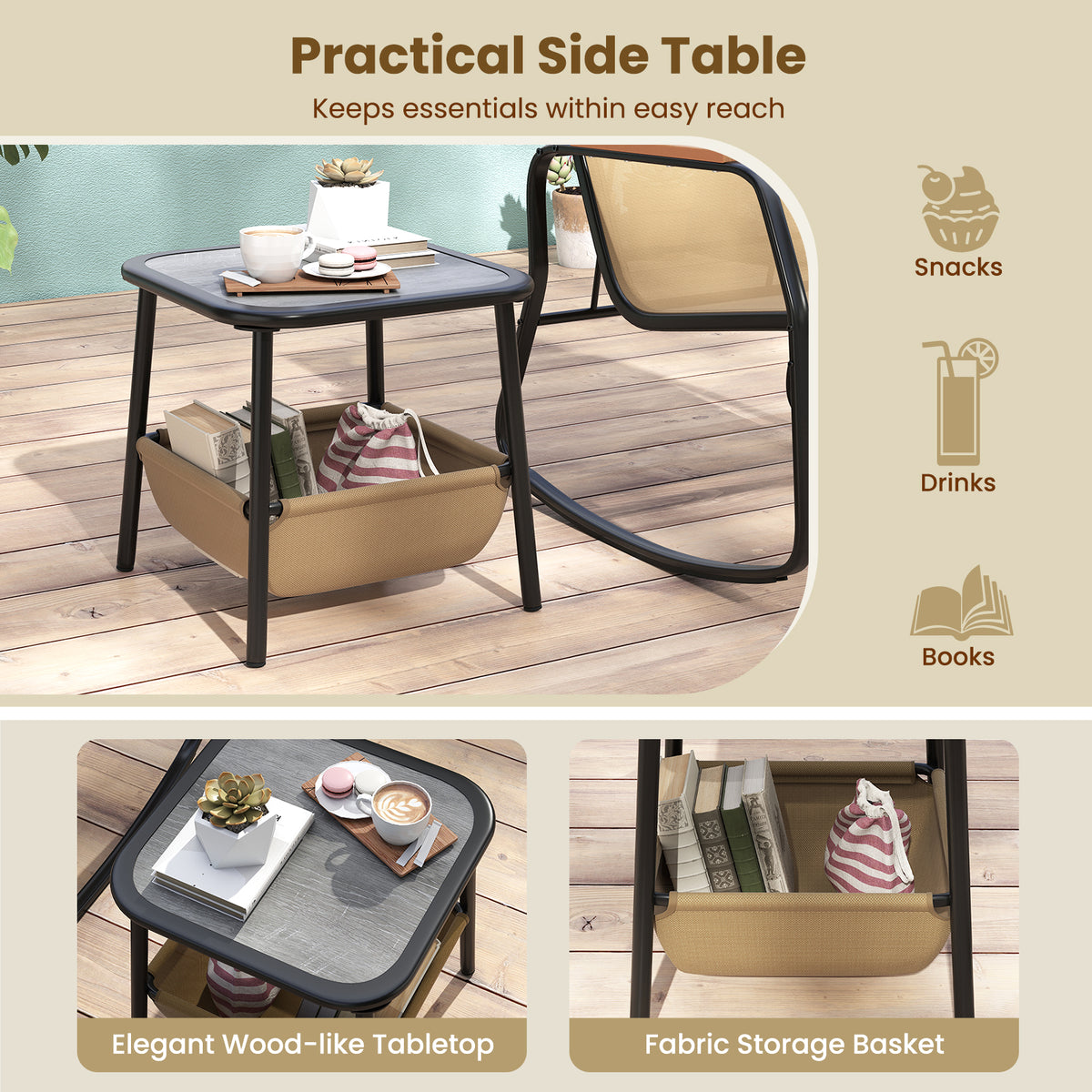 3 Piece Rocking Bistro Chairs and Side Table Set with Storage Bag