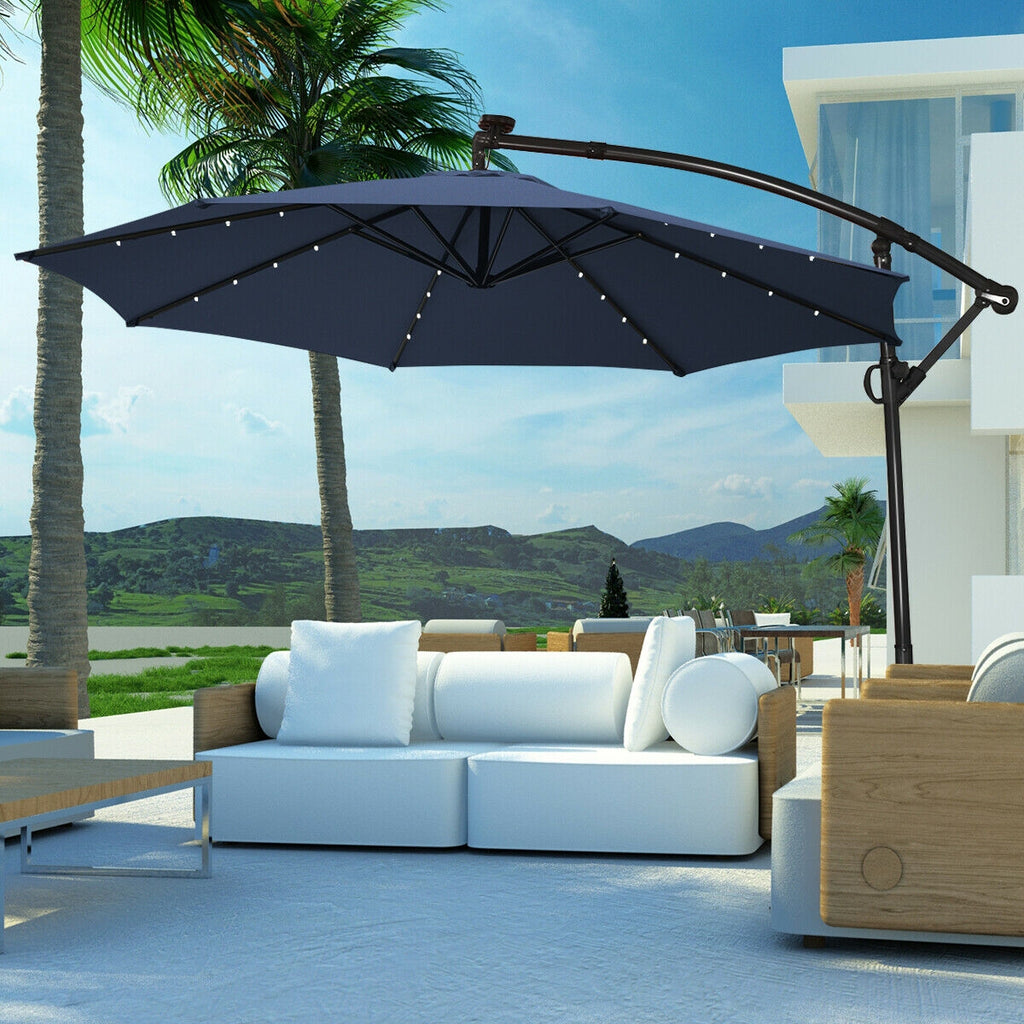 10 x 8 Feet Solar Patio Umbrella with 32 LED Lights, 360° Rotation, Navy