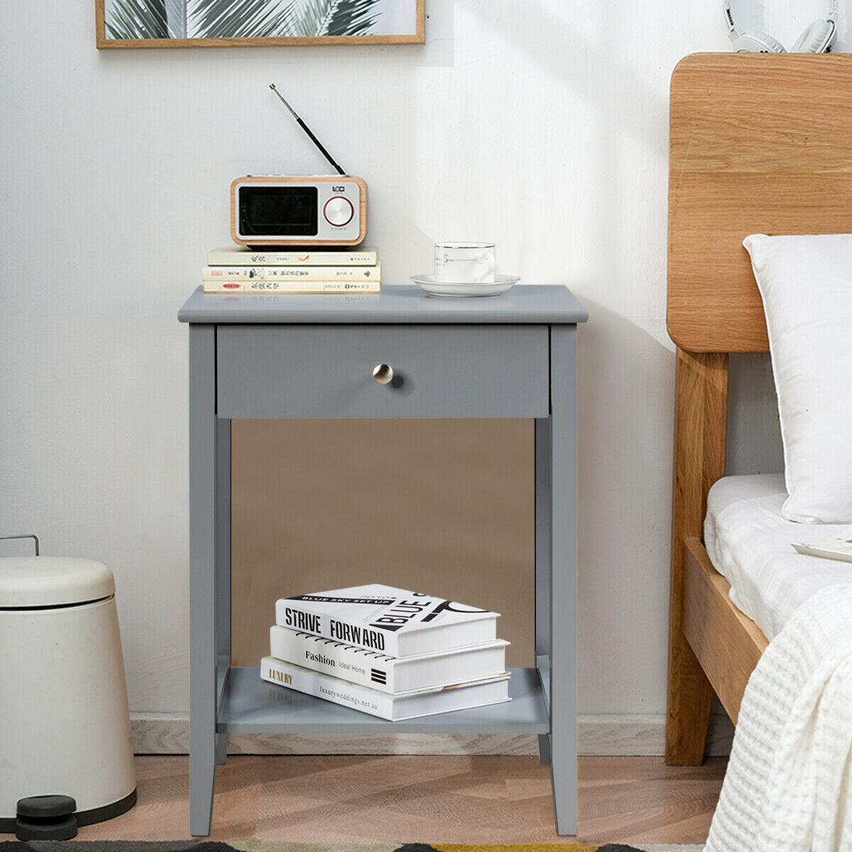 Wooden Nightstand with Drawer & Shelf Storage - Gray