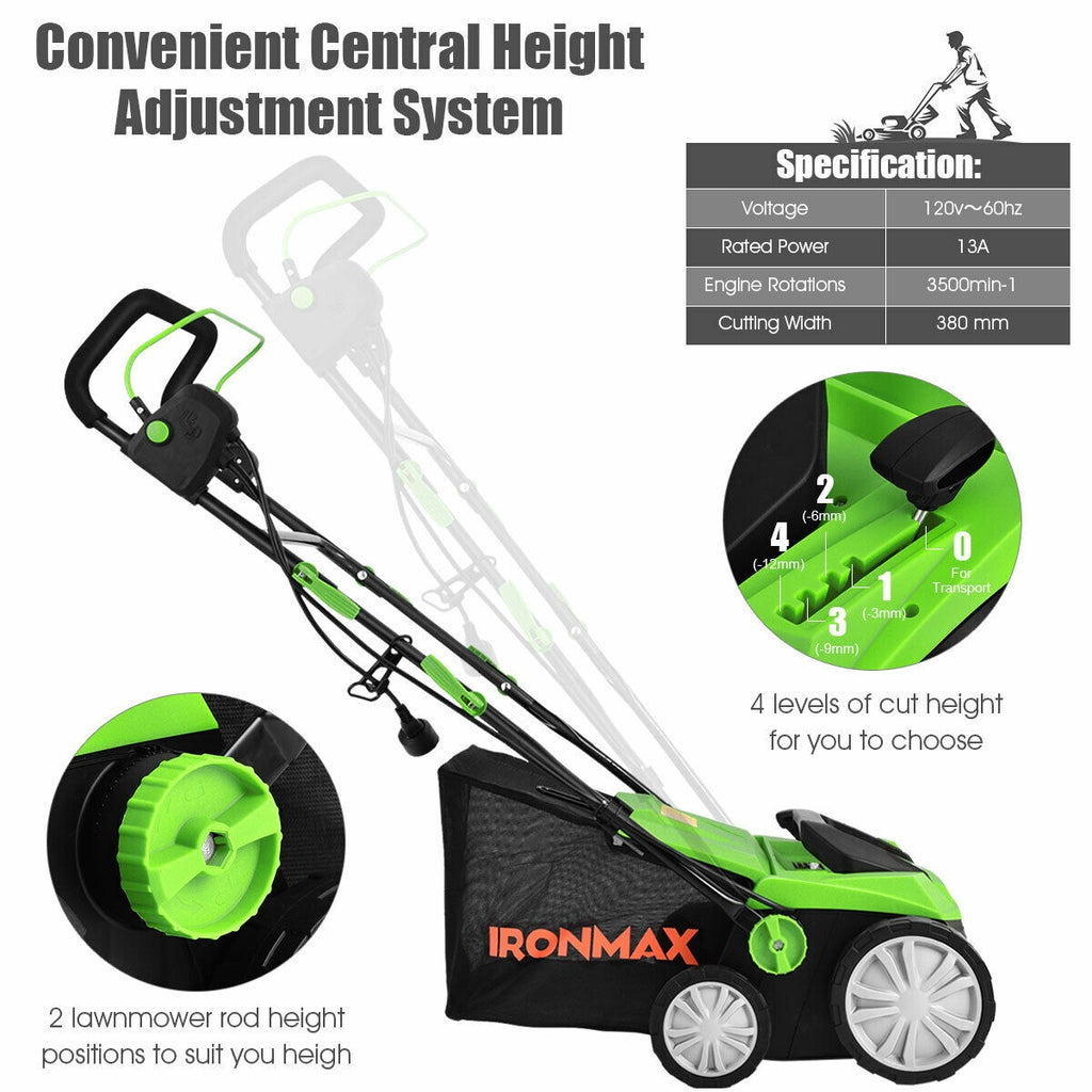 15 Inch 13 Amp Electric Scarifier with Collection Bag and Removable