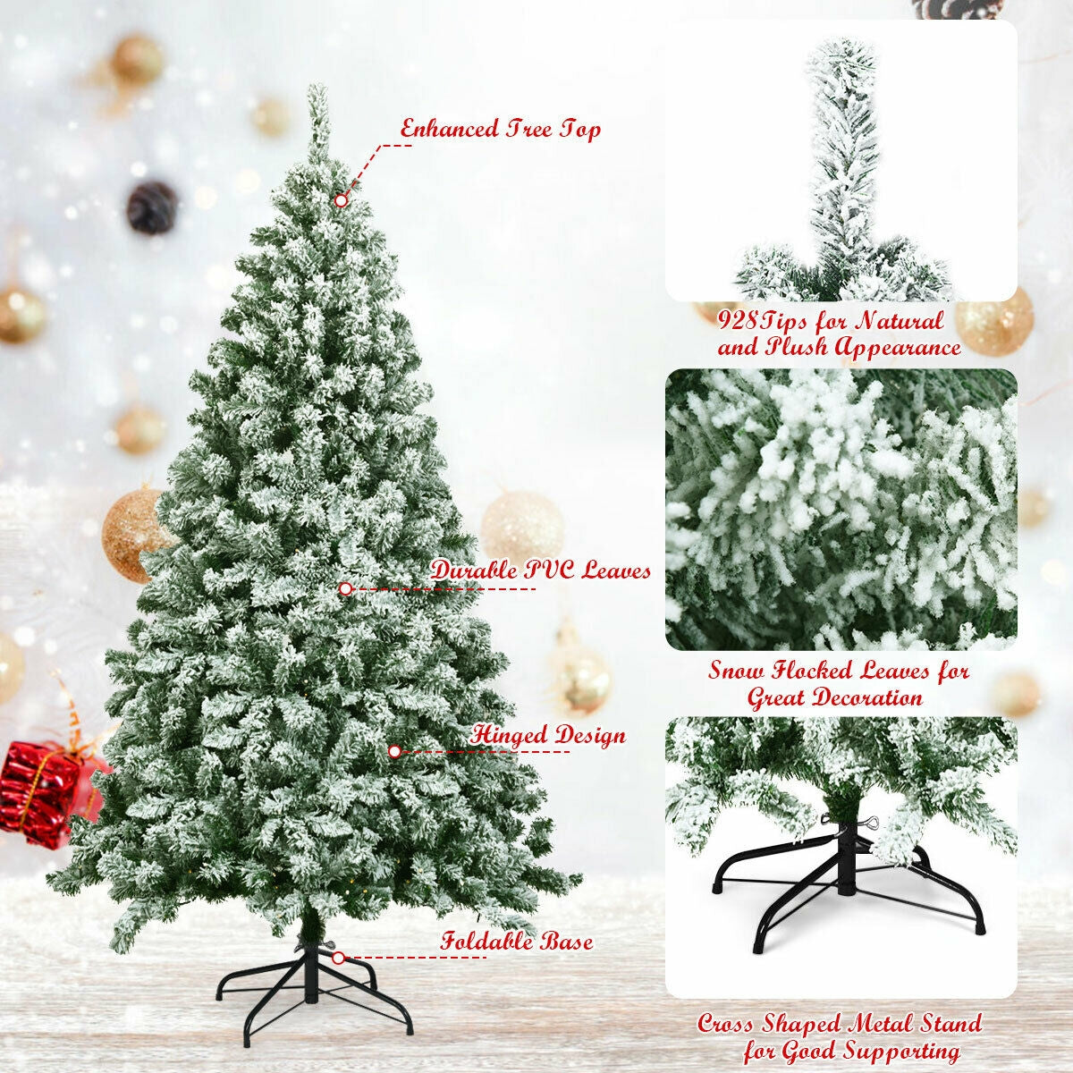 6 Feet Snow Flocked Artificial Christmas Tree with 928 Tips - Hinged Design