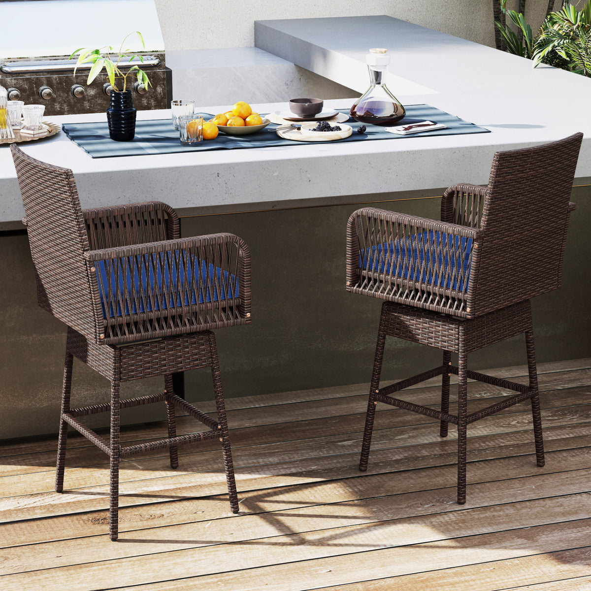 29” Bar Height Patio 360° Swivel Stool with Cross-Woven Armrests